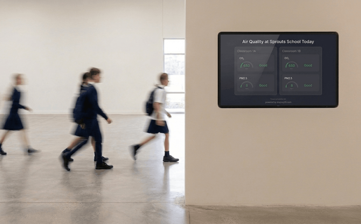 Lobby screen showing live air quality kiosk