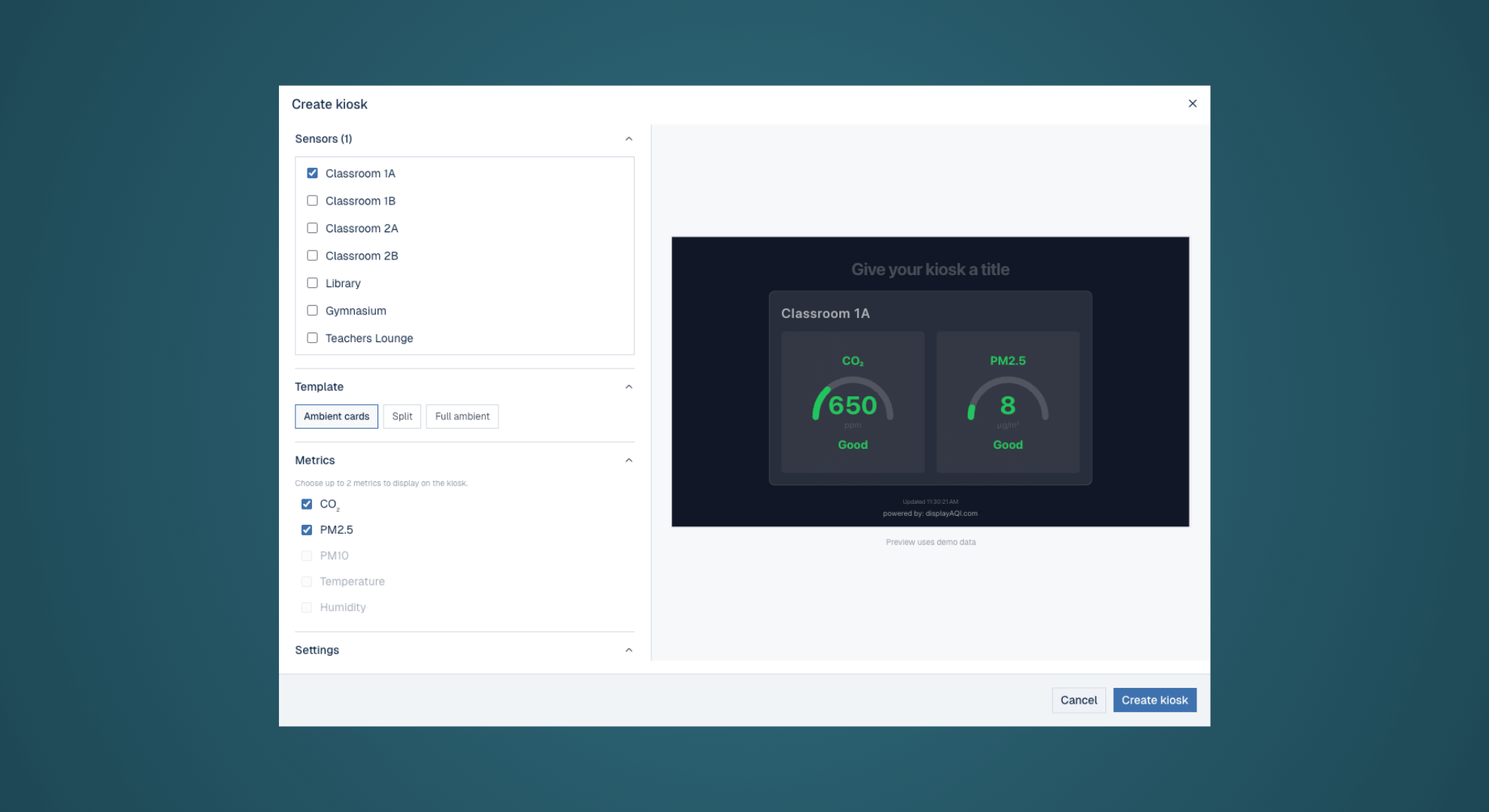 Kiosk builder interface for creating air quality displays