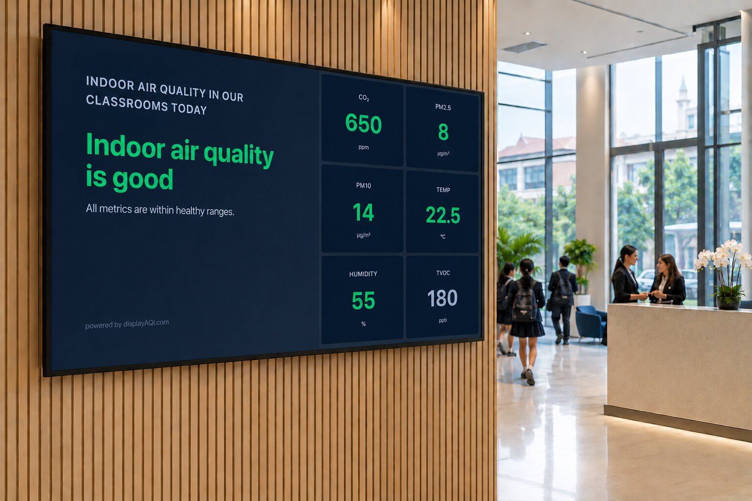 A displayAQI air quality screen mounted in a school lobby, showing live CO2, particulate, and comfort readings as students walk past