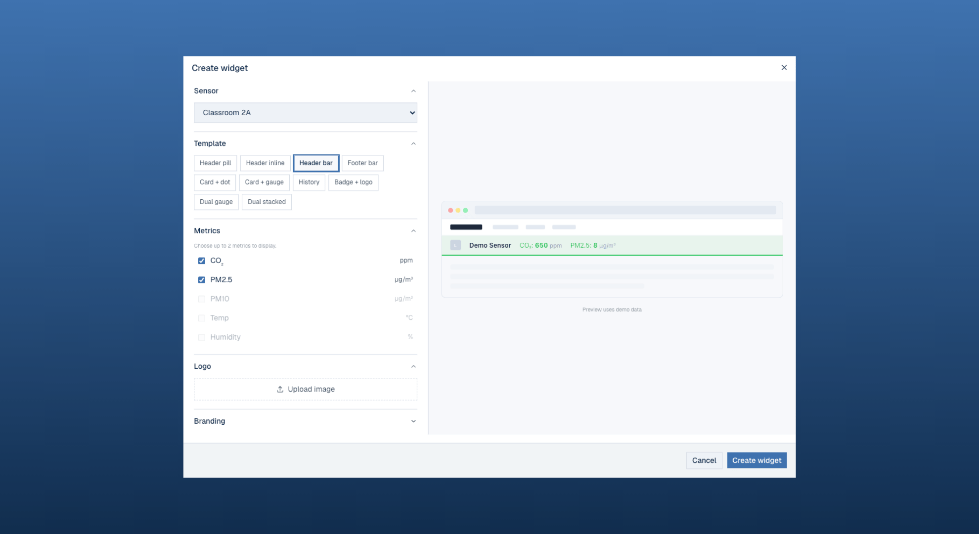 Widget builder interface for embedding air quality on websites